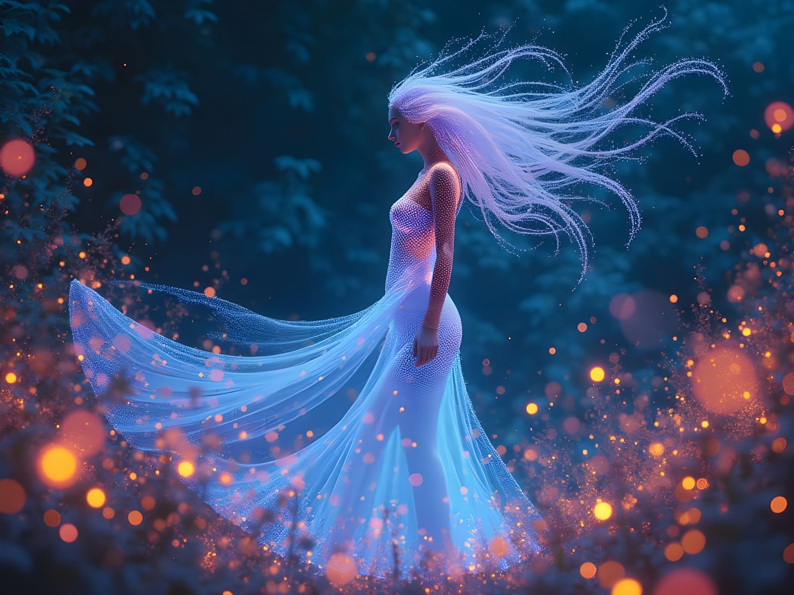 Bioluminescent Woman in Pointillist Garden