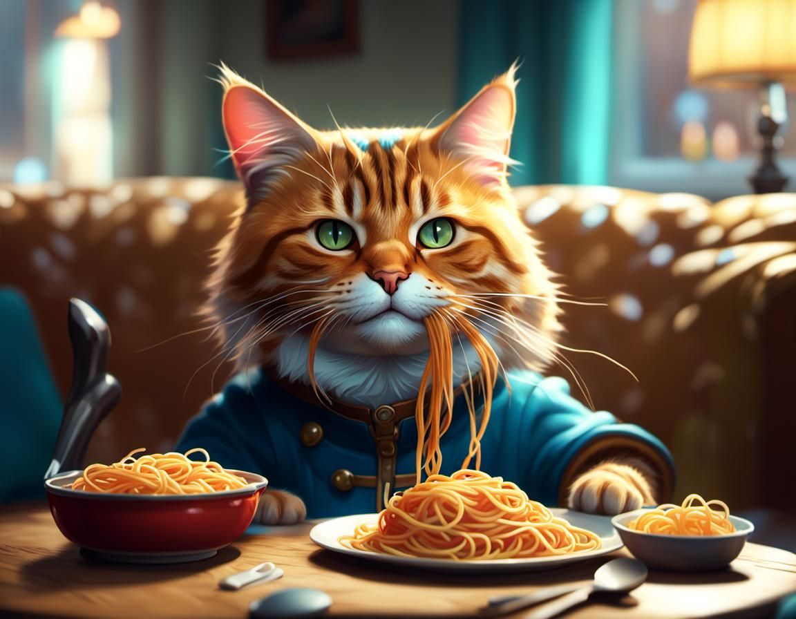 Cat Watching TV and Eating Spaghetti: Detailed Portrait