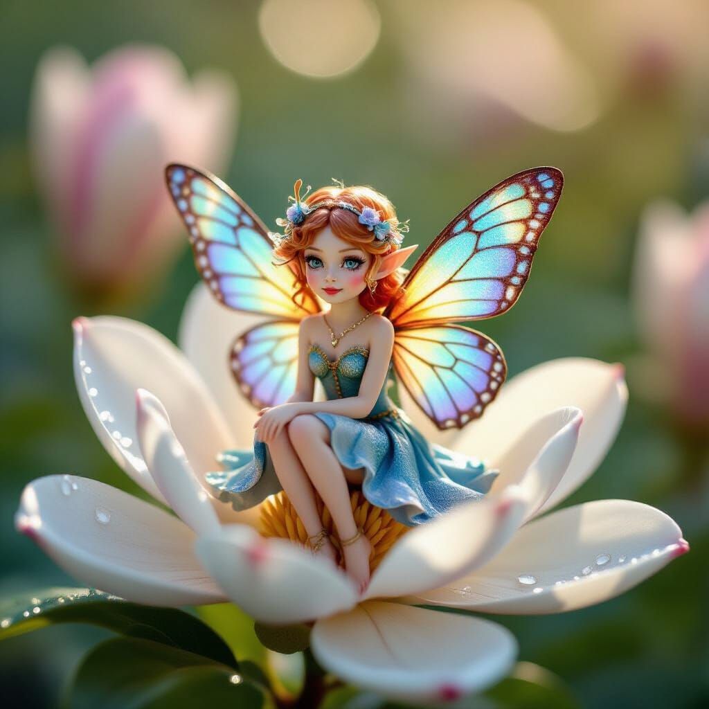 Rainbow Steampunk Pixie on Magnolia Flower