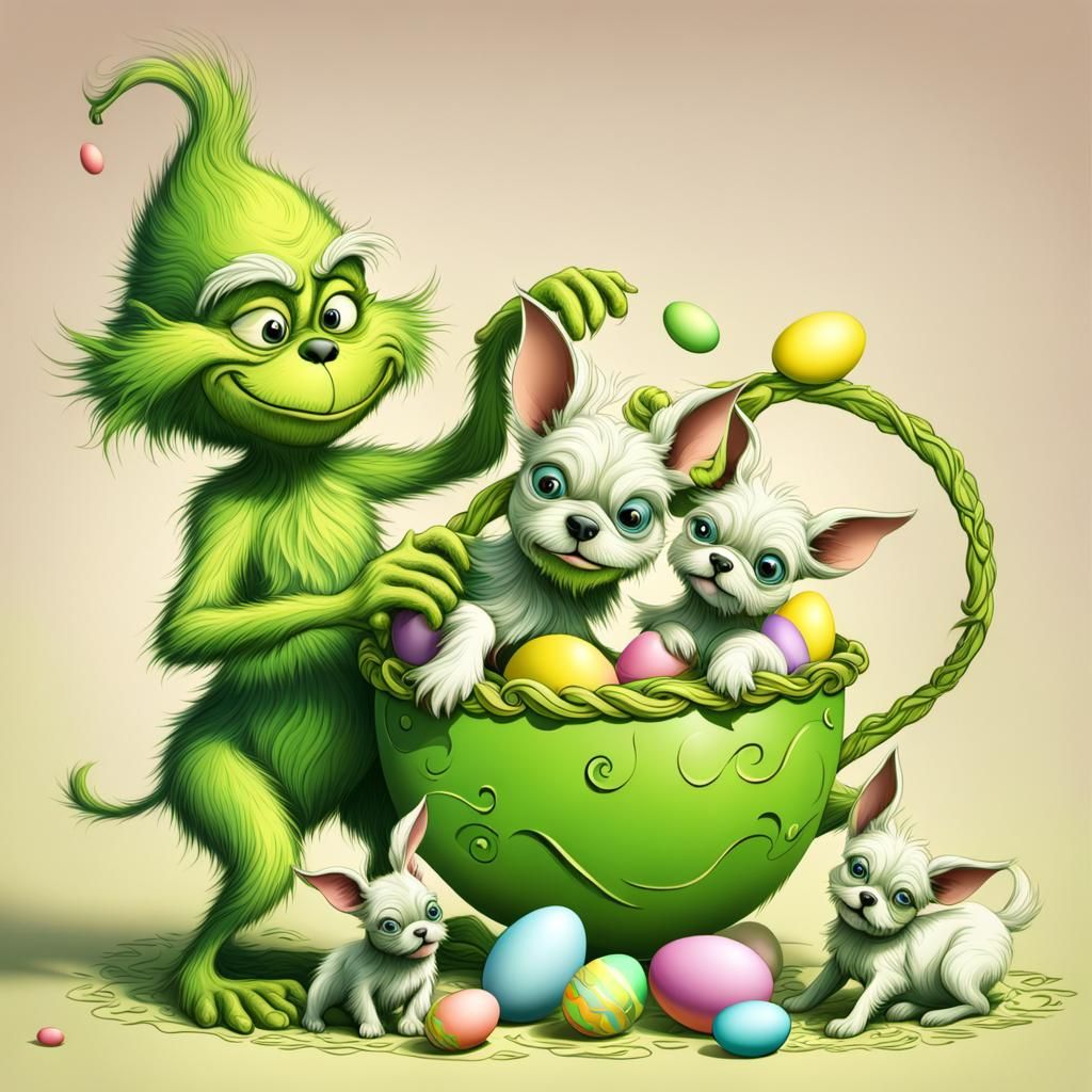 Grinch Stealing Puppies on Easter, Dr. Seuss Style
