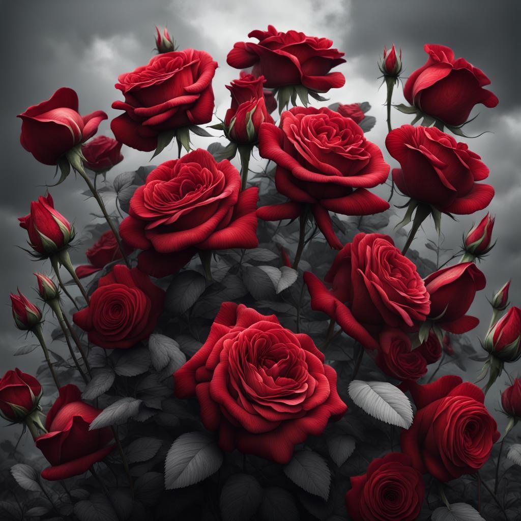 Red Roses Bloom Against Grey Floralscape