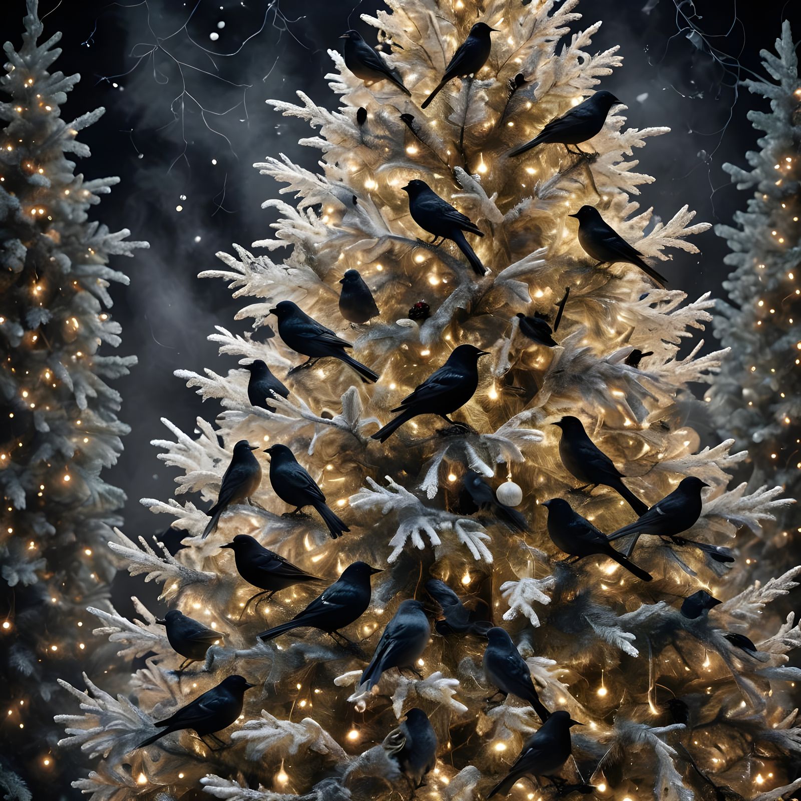 White Christmas Tree with Lights and Blackbird Ornaments