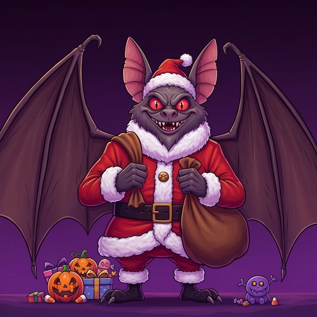 Santa Bat Holding Halloween Presents in Cartoon Style