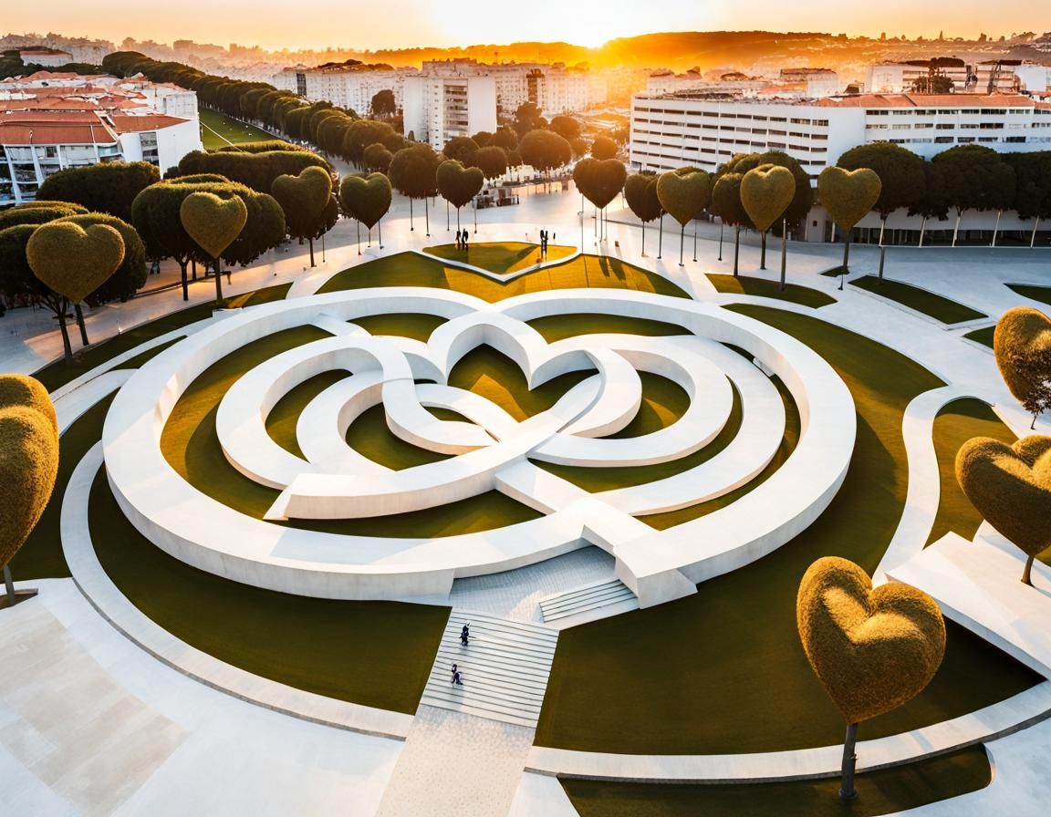 Modern City Park with Heart Sculptures at Sunset