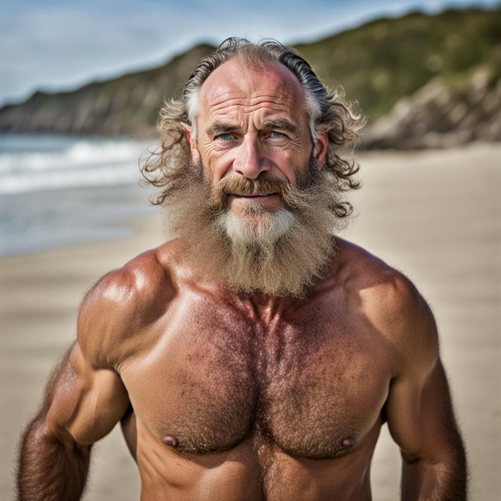 Hairy Dad Flexing on Beach: Professional Portrait