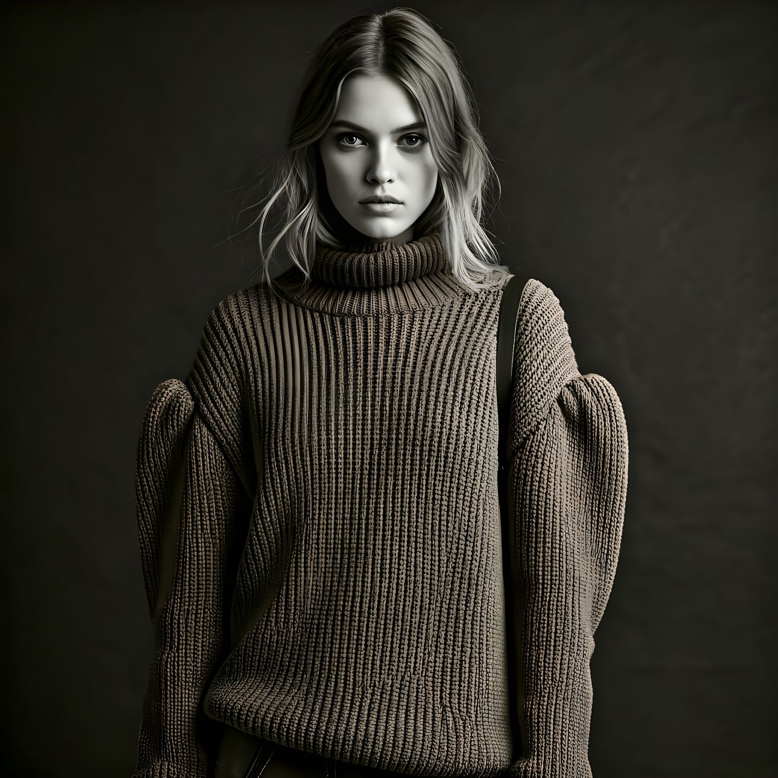 Elegant Model in Earthy Brown Sweater with Puffy Shoulders