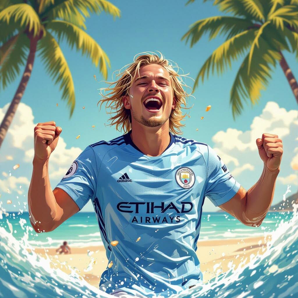 Erling Haaland Celebrates Goal in Anime-Style Portrait