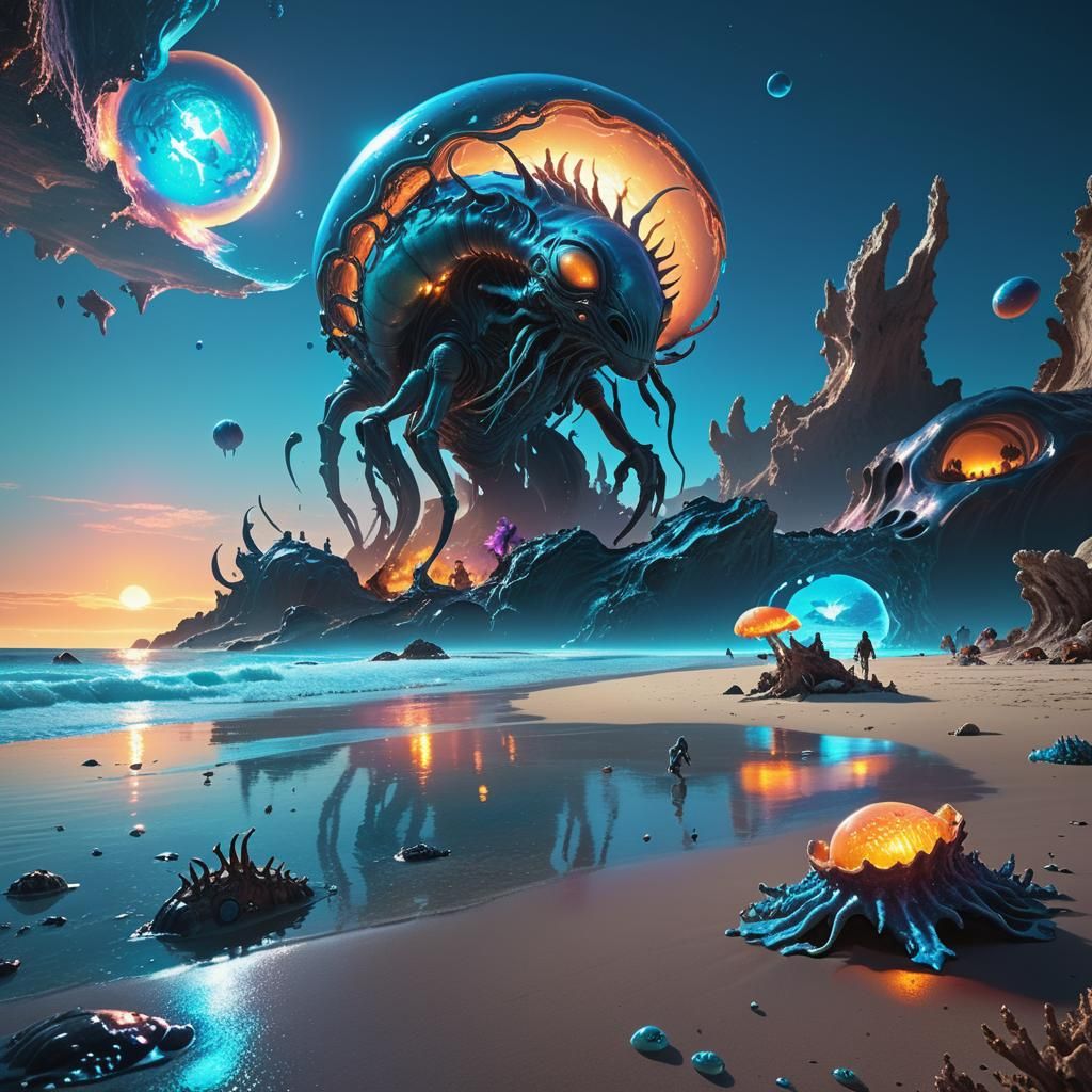 Bustling Alien Beach with Bioluminescent Fauna