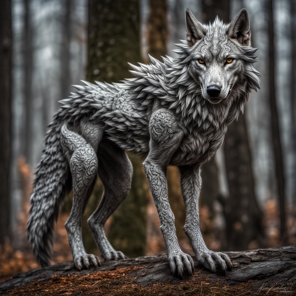 Silver Winged Wolf-Dragon Hybrid in Hyperrealistic Style