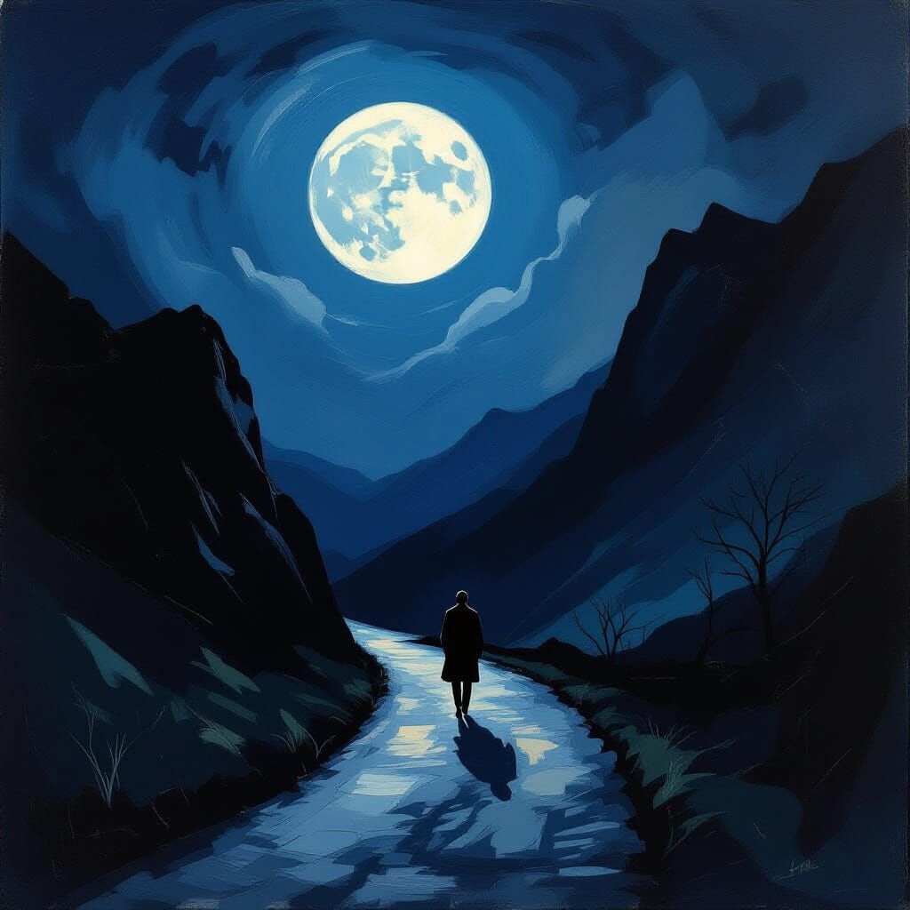 Moonlit Mountain Path: A Figure's Solitary Journey