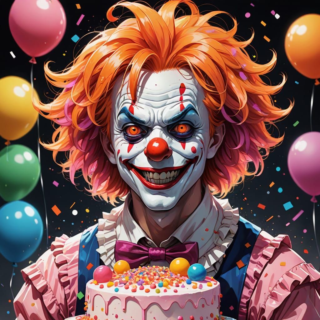 Vibrant Manga-Style Clown Devours Pink Cake