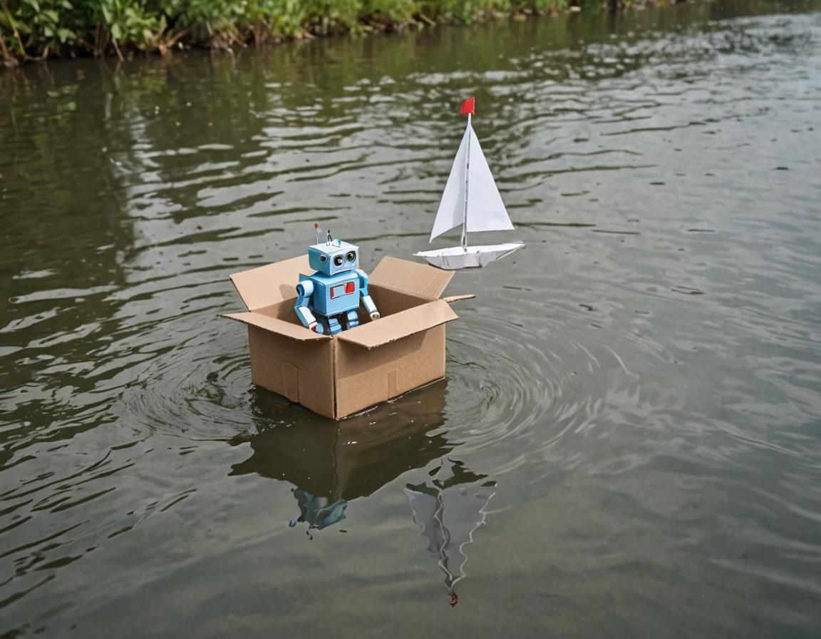 Toy Robot Sails Shoebox Boat Down River