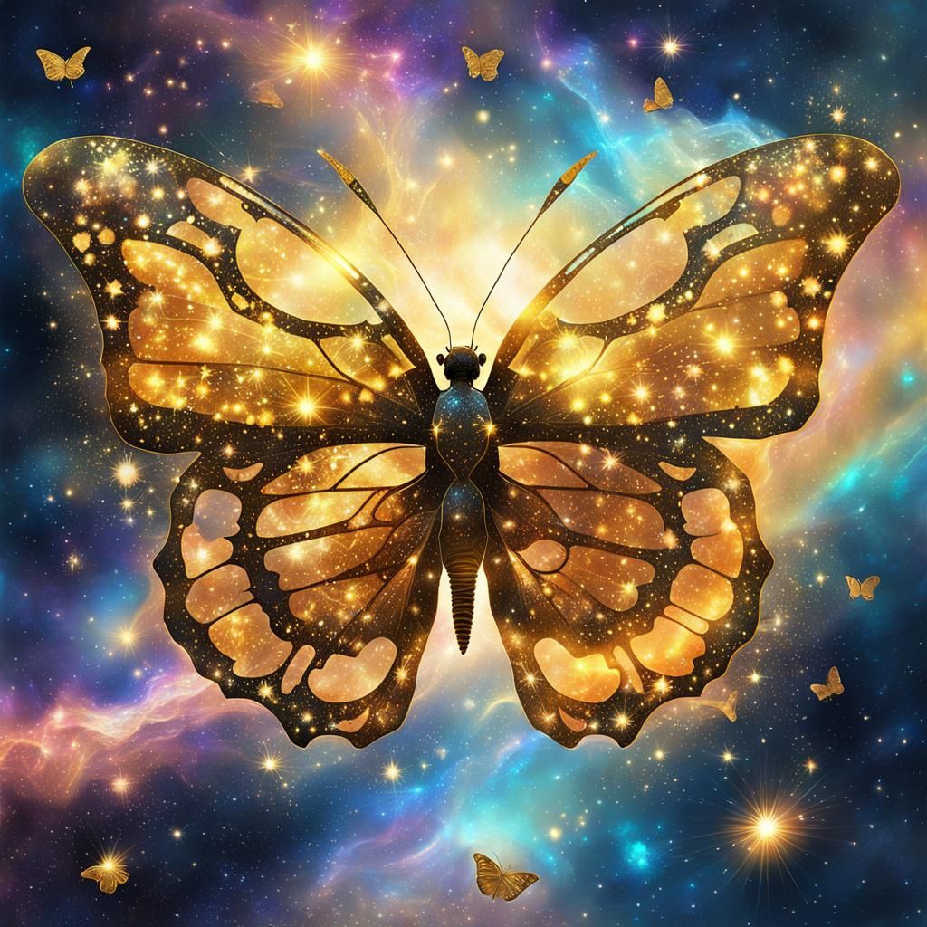 Golden Butterfly in Nebula Galaxy: Holographic Illustration