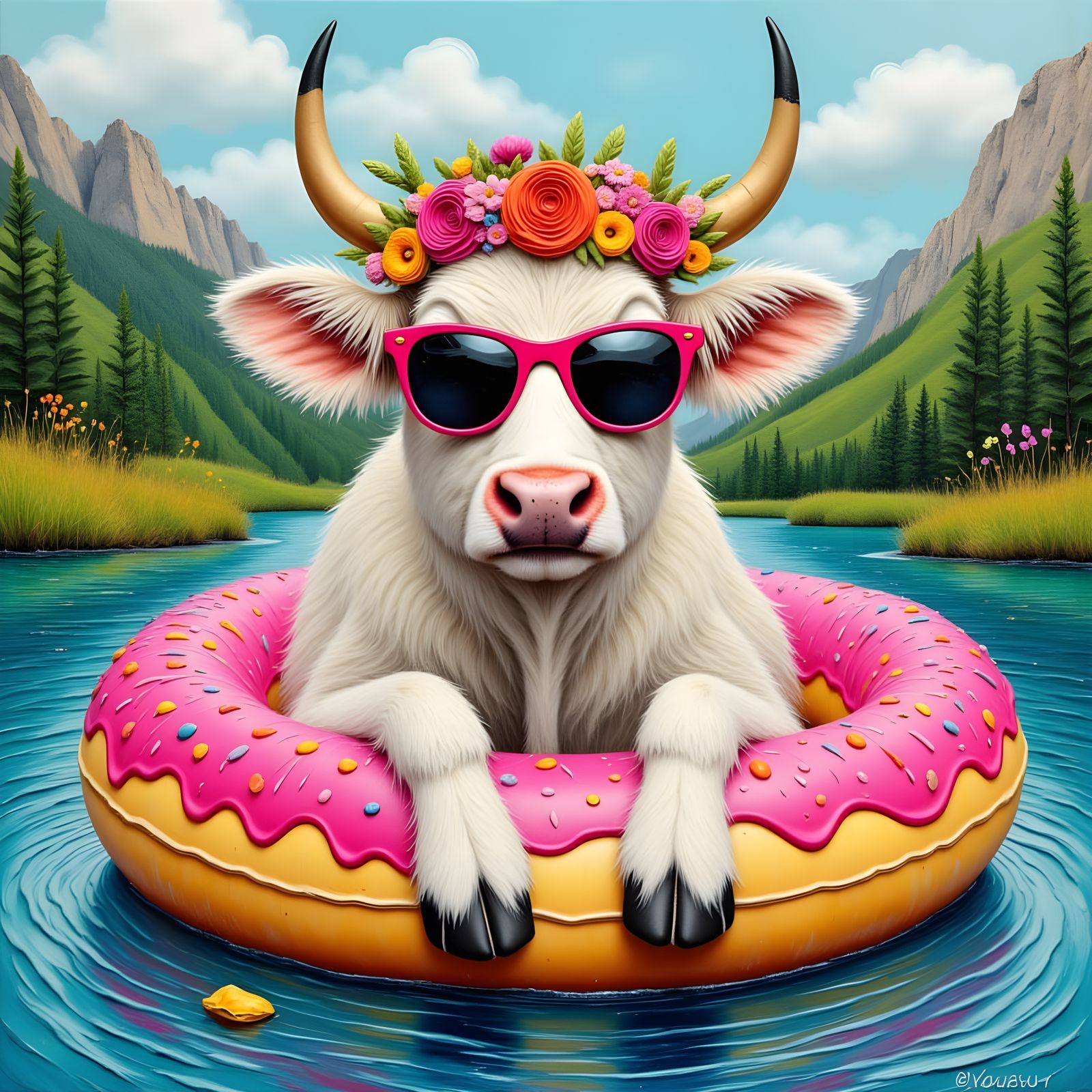 Whimsical Scottish Cow in Sunglasses on Rainbow Floatie