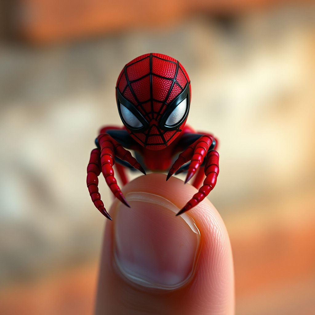 Detailed Miniature Spiderman on Human Finger