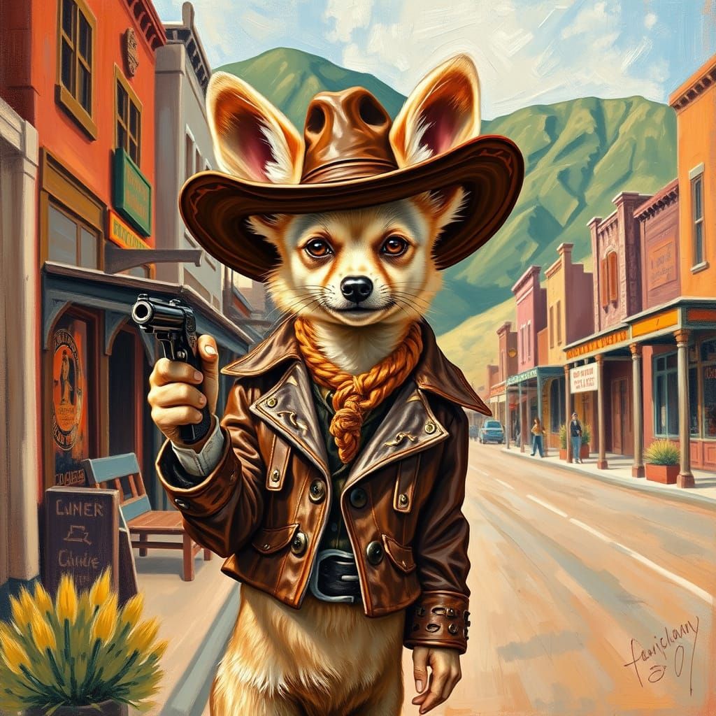 Fennec Puppy Gunslinger in Impasto Oil Painting Style