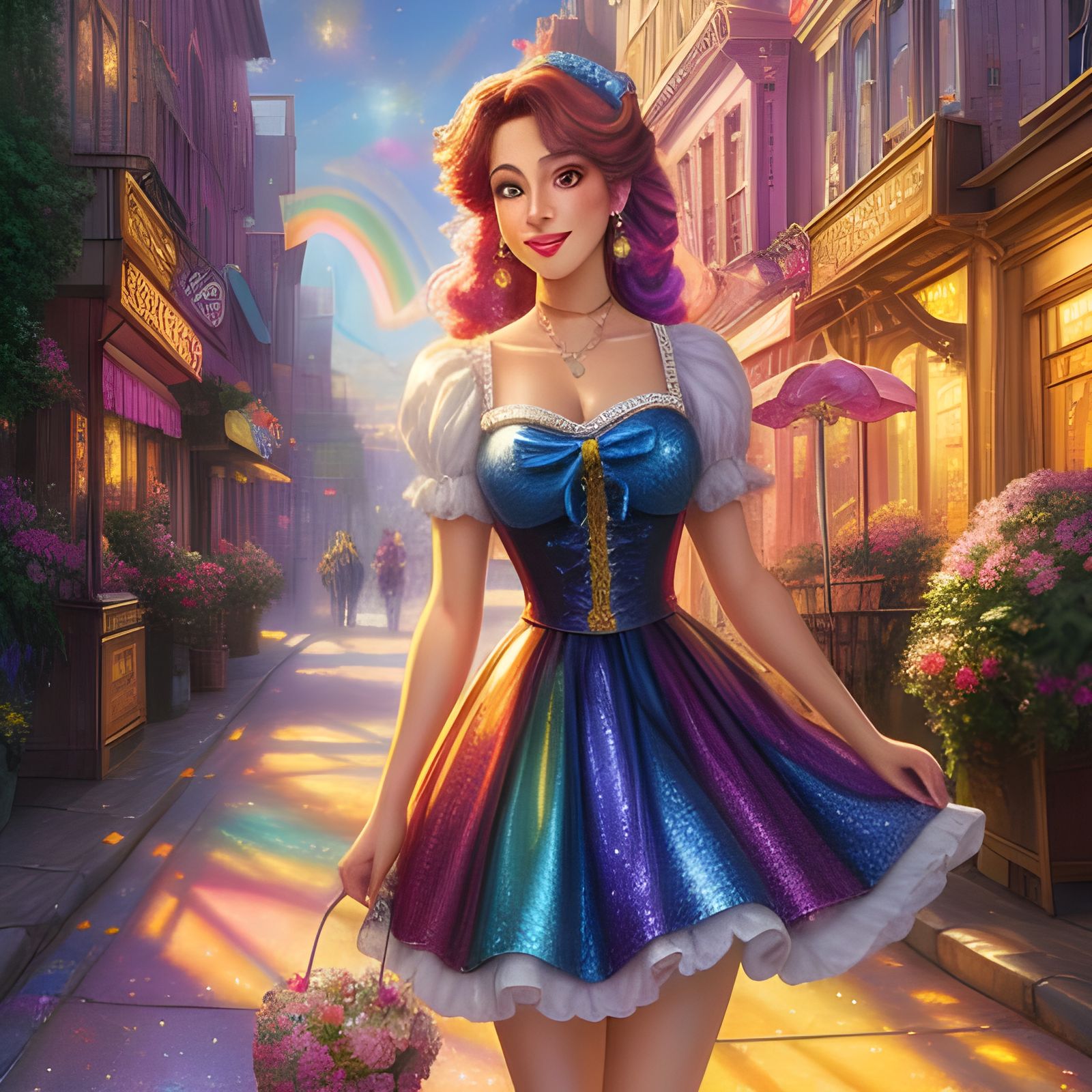 Polychromatic Girl in Sparkling Rainbow Landscape