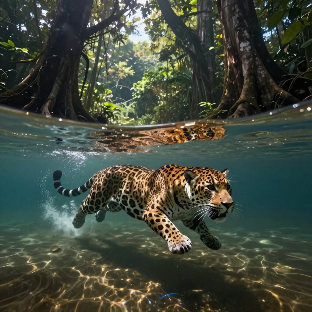 Jaguar Swims Underwater in Amazon River Sunlight
