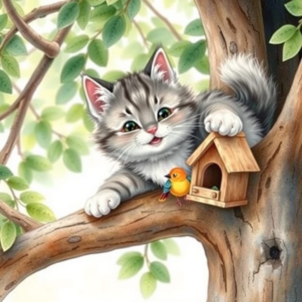 Vintage Watercolor Chibi Cat Reaches for a Bird in a Wooden ...