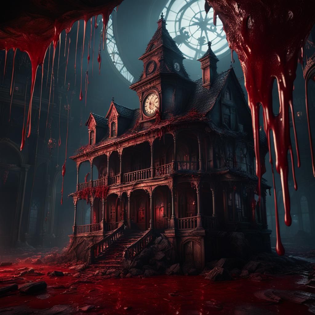 Haunted House Clock Dripping Blood: Matte Painting