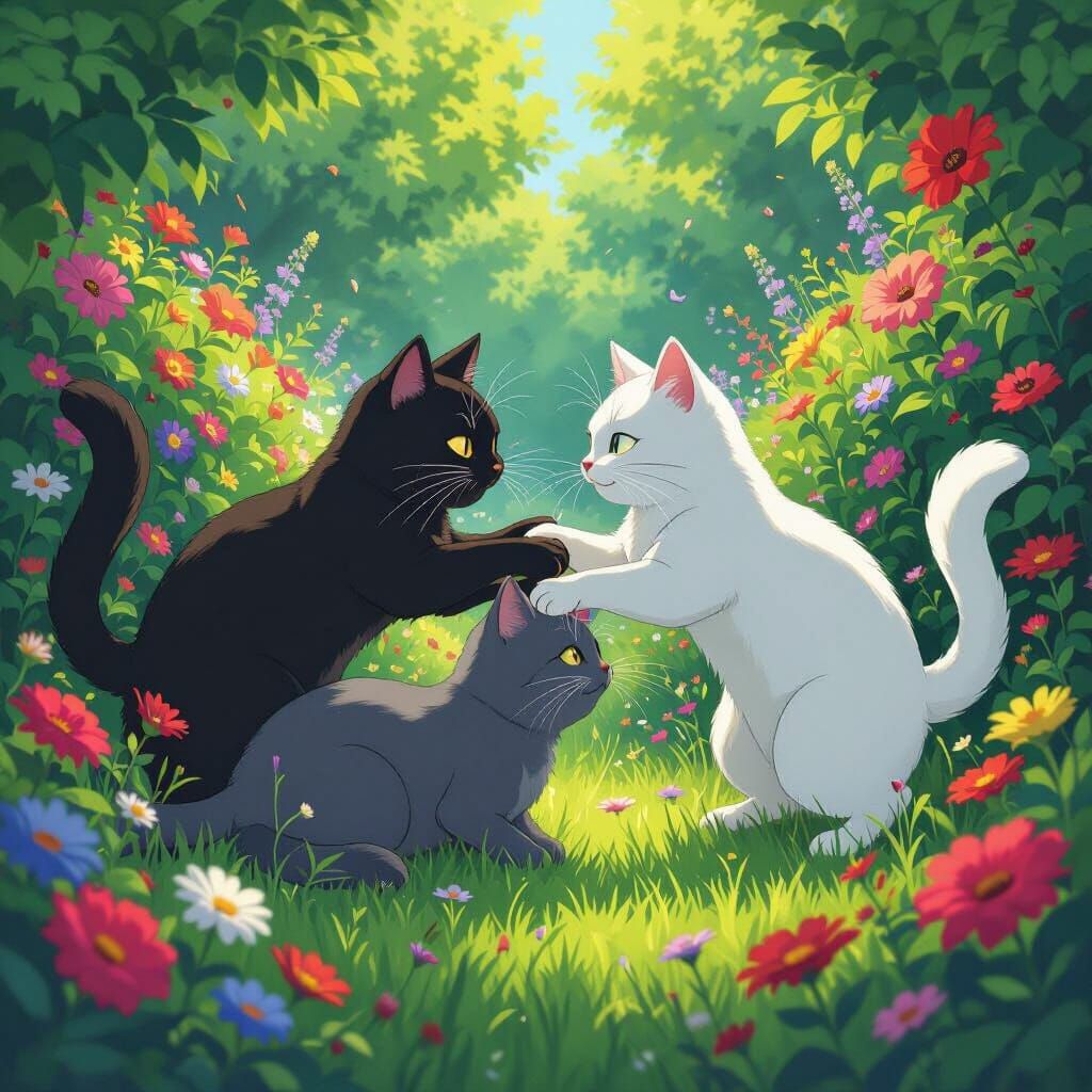 Cats Battle in Vibrant Garden, Studio Ghibli Style