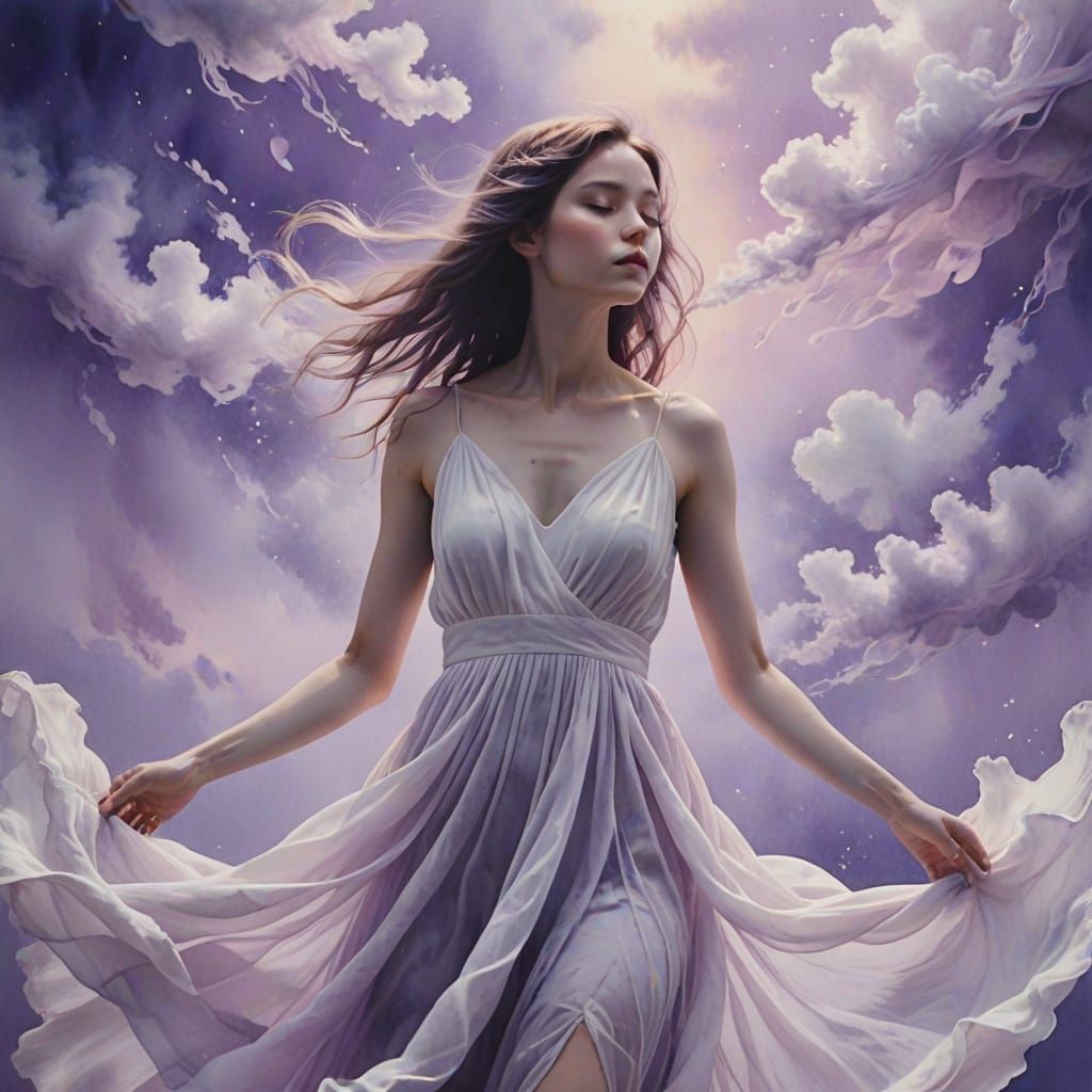 Woman Floating in Violet Sky: Surreal Watercolor Art