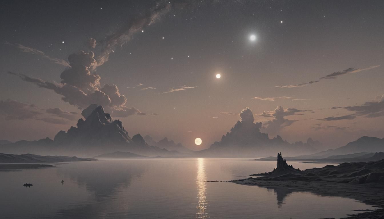 Surreal Landscape with Twin Suns in Dark Fantasy Style