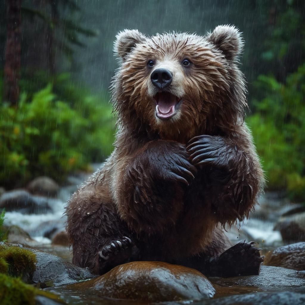 Playful Grizzly Bear in Rainy Jungle Darkness