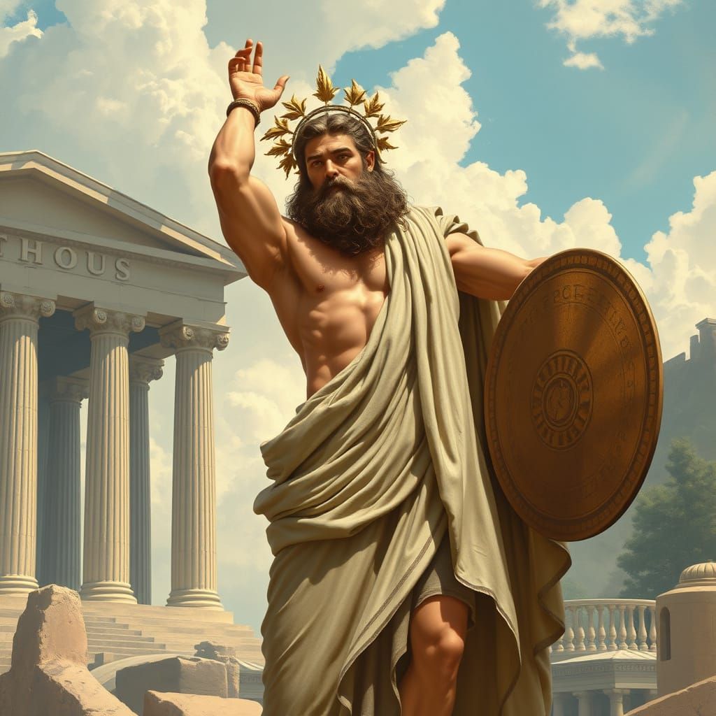 Triumphant Hero of Ancient Greece in a Cyberpunk-Inspired Ae...