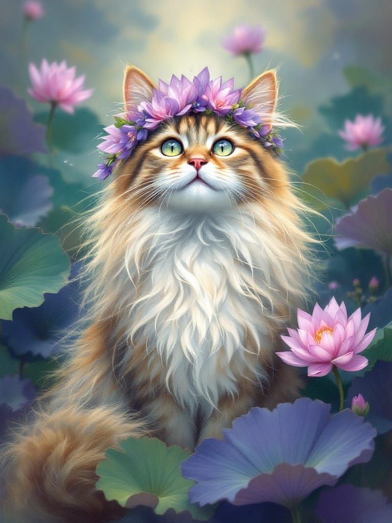 Impressionist Cat with Purple Lotus Crown