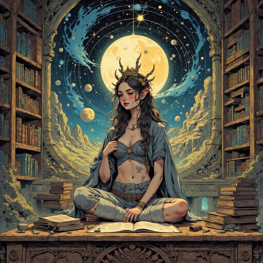 Celestial Librarian in Cosmic Art Nouveau Style