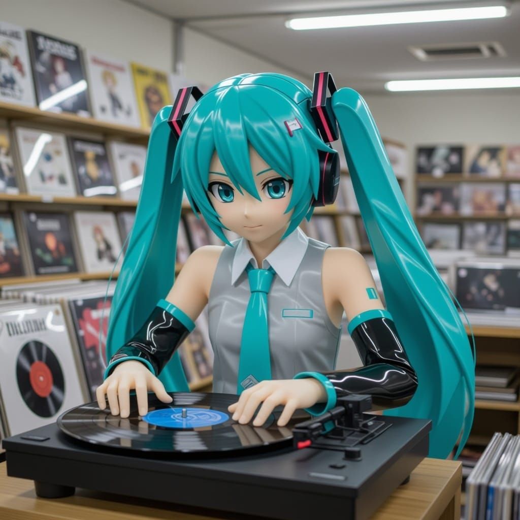 Hatsune Miku Scratching Records at Store