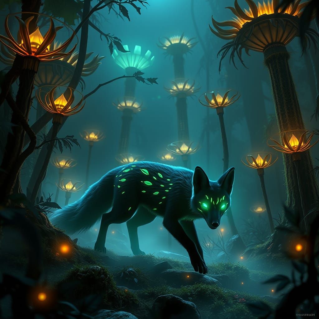 Bioluminescent Fox in Alien Forest: Hyperrealistic Concept A...