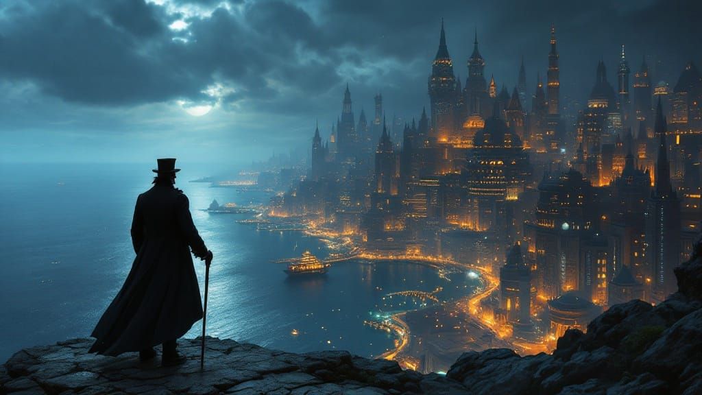 Elegant Gentleman Contemplates Futuristic Metropolis