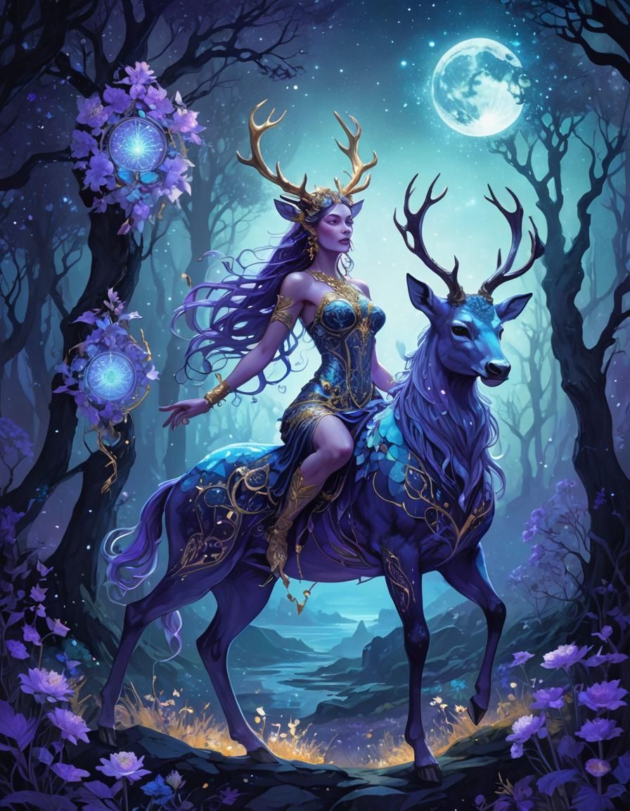 Blue Satyr in Bioluminescent Forest: Art Nouveau