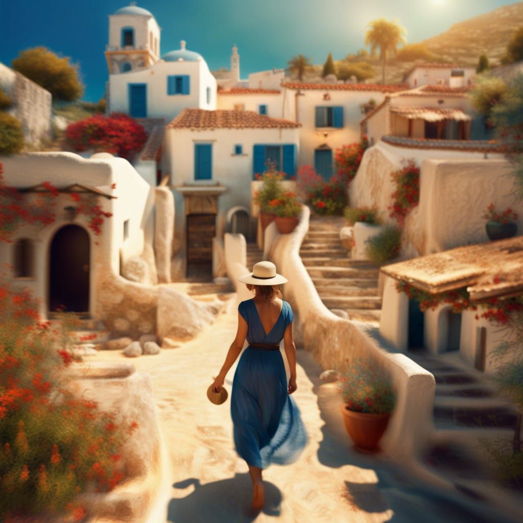 Greek Village: Woman Walking in the Sun