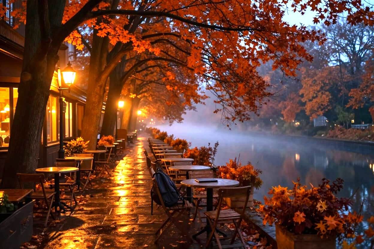 Tranquil Riverside Cafe at Dusk in Autumn