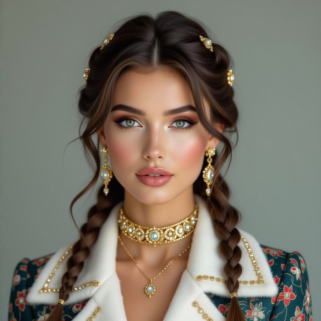 Hyperrealistic Portrait of a Woman with Rainbow Braids & Bol...