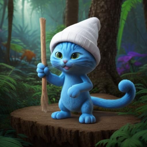 Realistic Smurf Cat with Mushroom Hat in Jungle