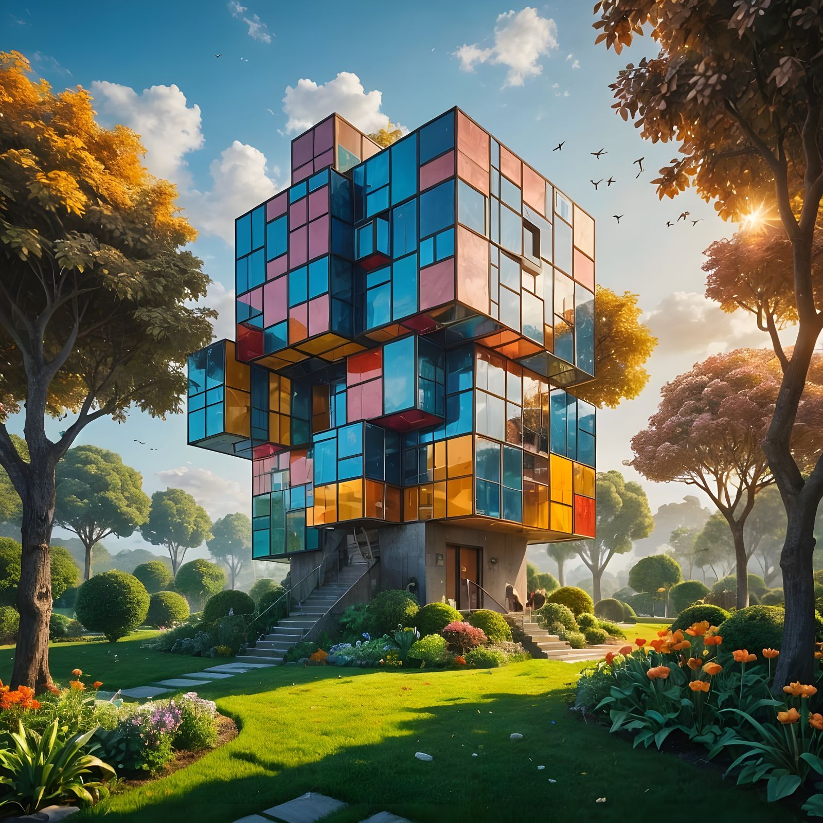 Surreal Cube House in a Whimsical Garden