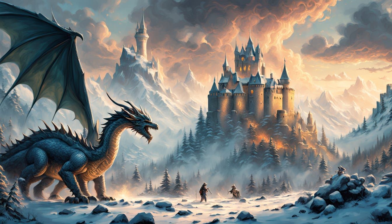 Ethereal Medieval Battle Scene in Snowy Landscape