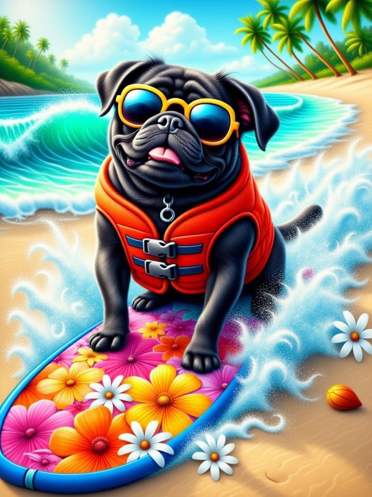 Vibrant Pug Surfer Rides Hawaiian Waves