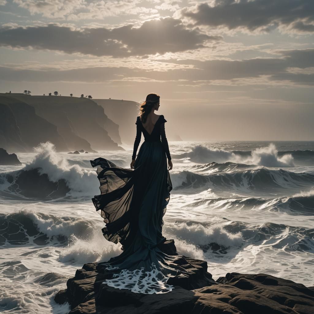 Silhouette of Woman on Cliff Edge at Sea
