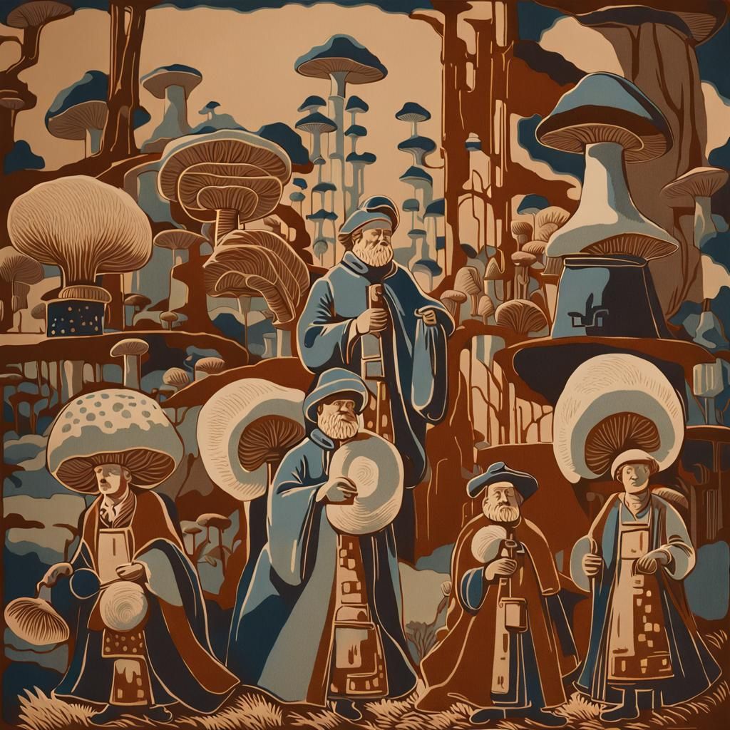 Norwegian Porcelain Workers Tending Giant Mushrooms: Linocut...