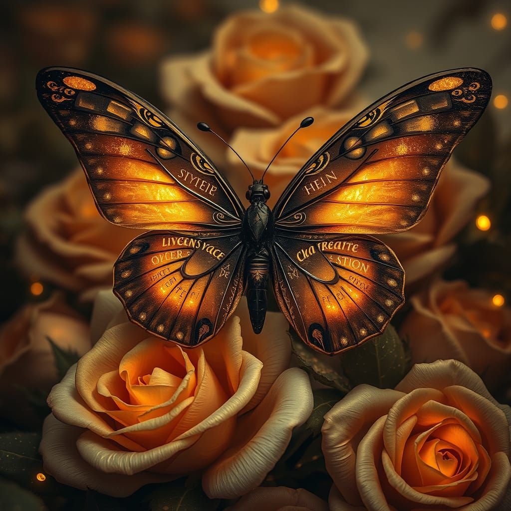 A 3D rendition of a dark brown butterfly with sparkling gold...