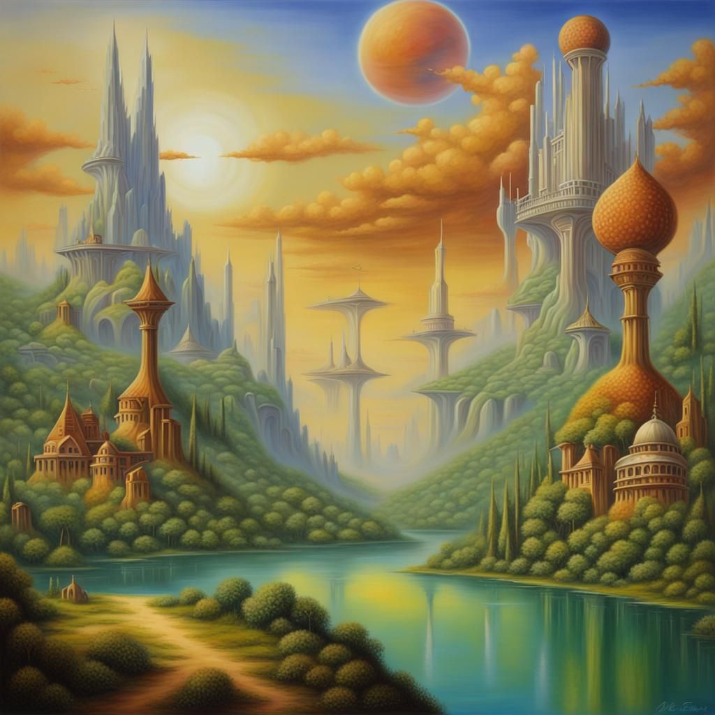 Utopian Fantasy World in Oil Paint Airbrush