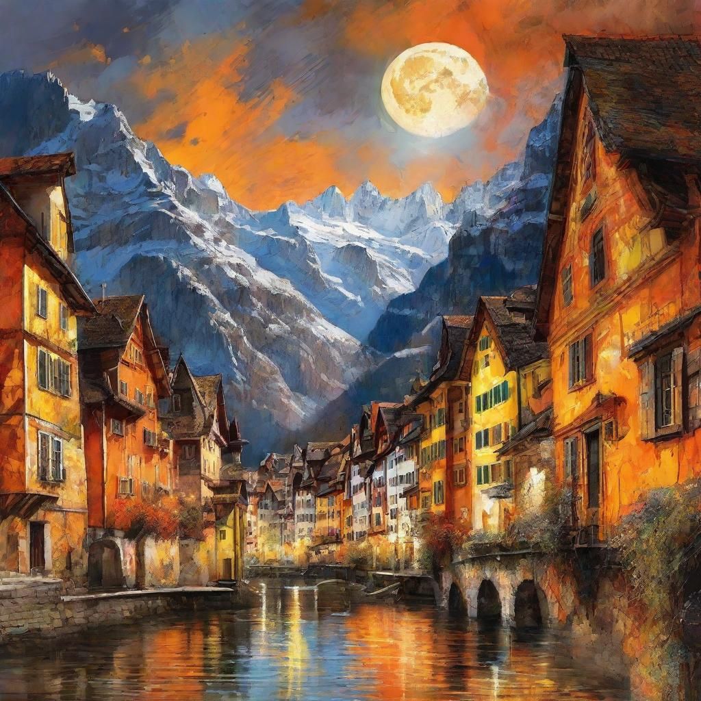 Fantasy Moon Over Hallstatt Town in Dreamlike Style