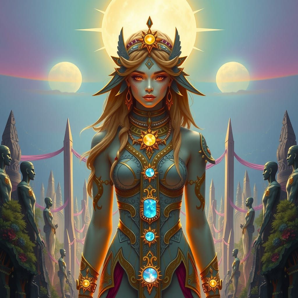 Ethereal Goddess in Ancient Futuristic Landscape