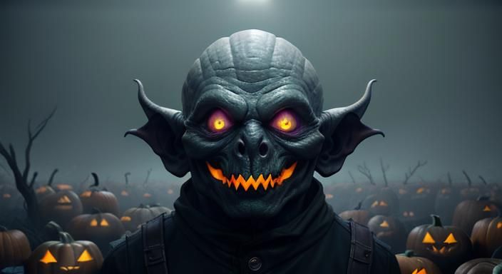 Eerie Halloween Goblin with Pumpkin Head in 3D