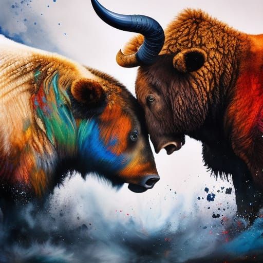 Bull and Bear Debate in Flowing Ink Style